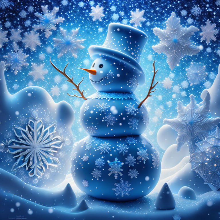 Snowman with top hat in magical snowy scene