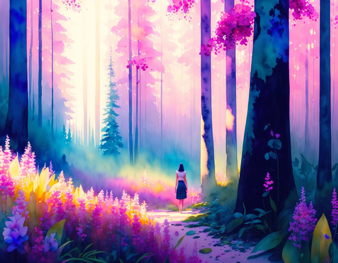 Person standing in vibrant purple and pink forest with sunbeams.