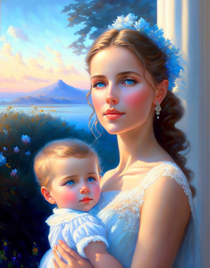 Woman with Blue Eyes Holding Baby in Sunset Mountain Scene