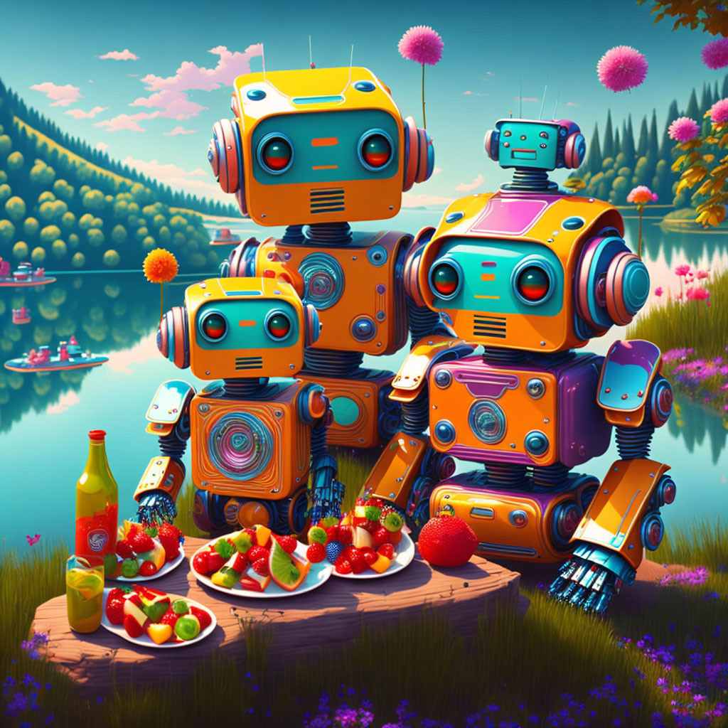 Colorful robots picnic by serene lake with vibrant flora