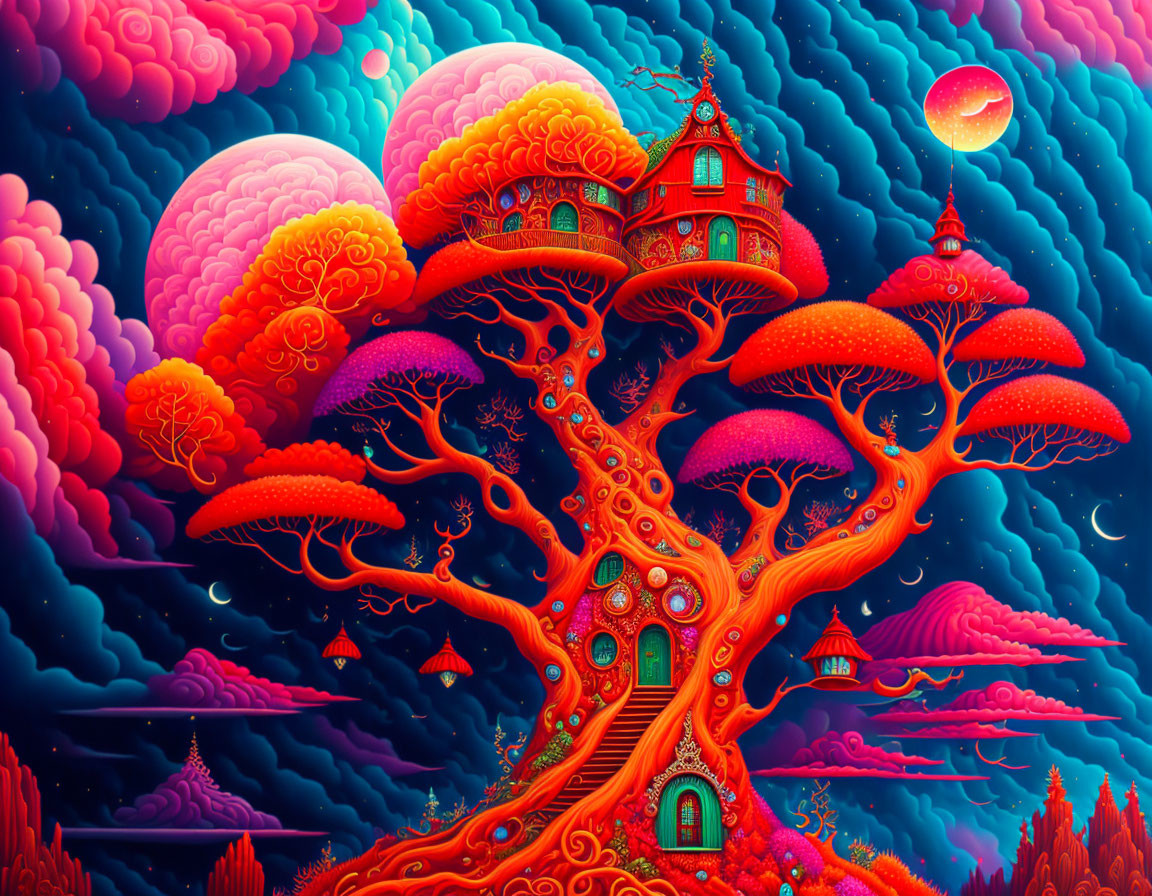 Fantastical tree artwork with house in branches