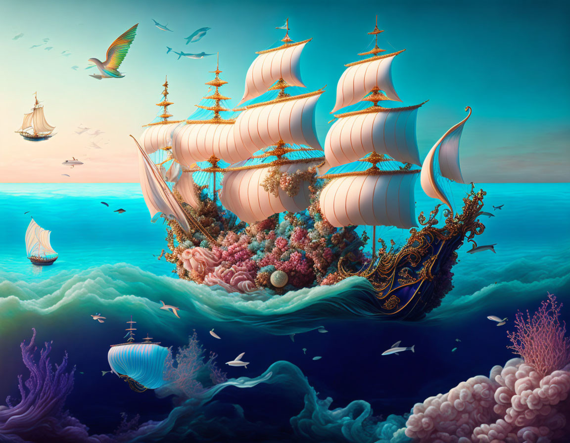 Surreal ship with coral and sea life, sailing on calm sea amid other ships and seabird