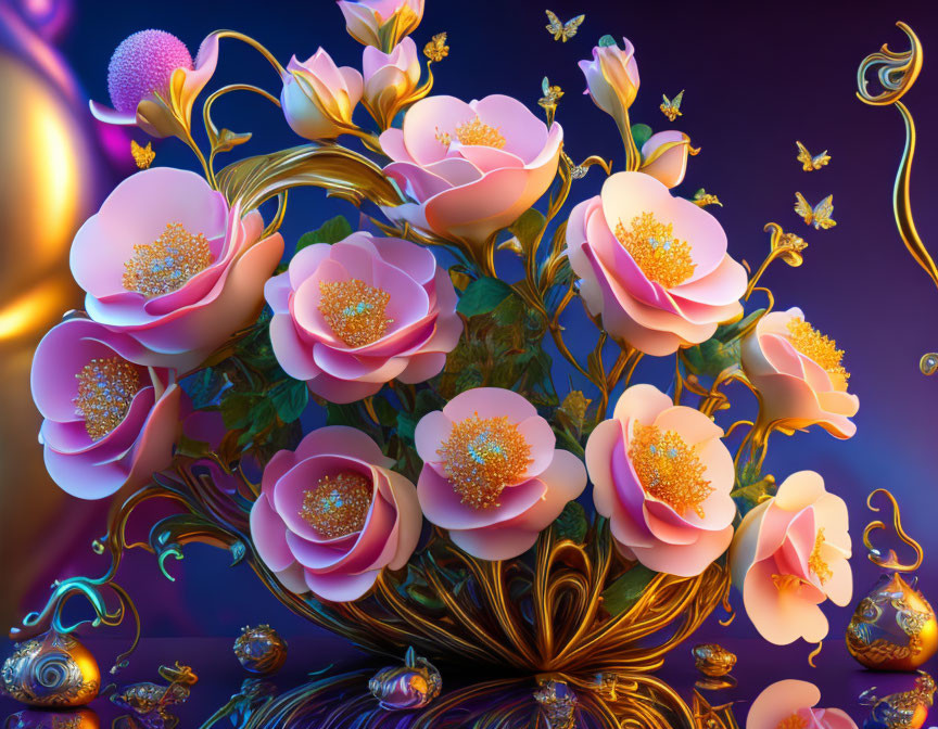 Colorful digital art: pink roses, golden stems, butterflies on blue and purple backdrop