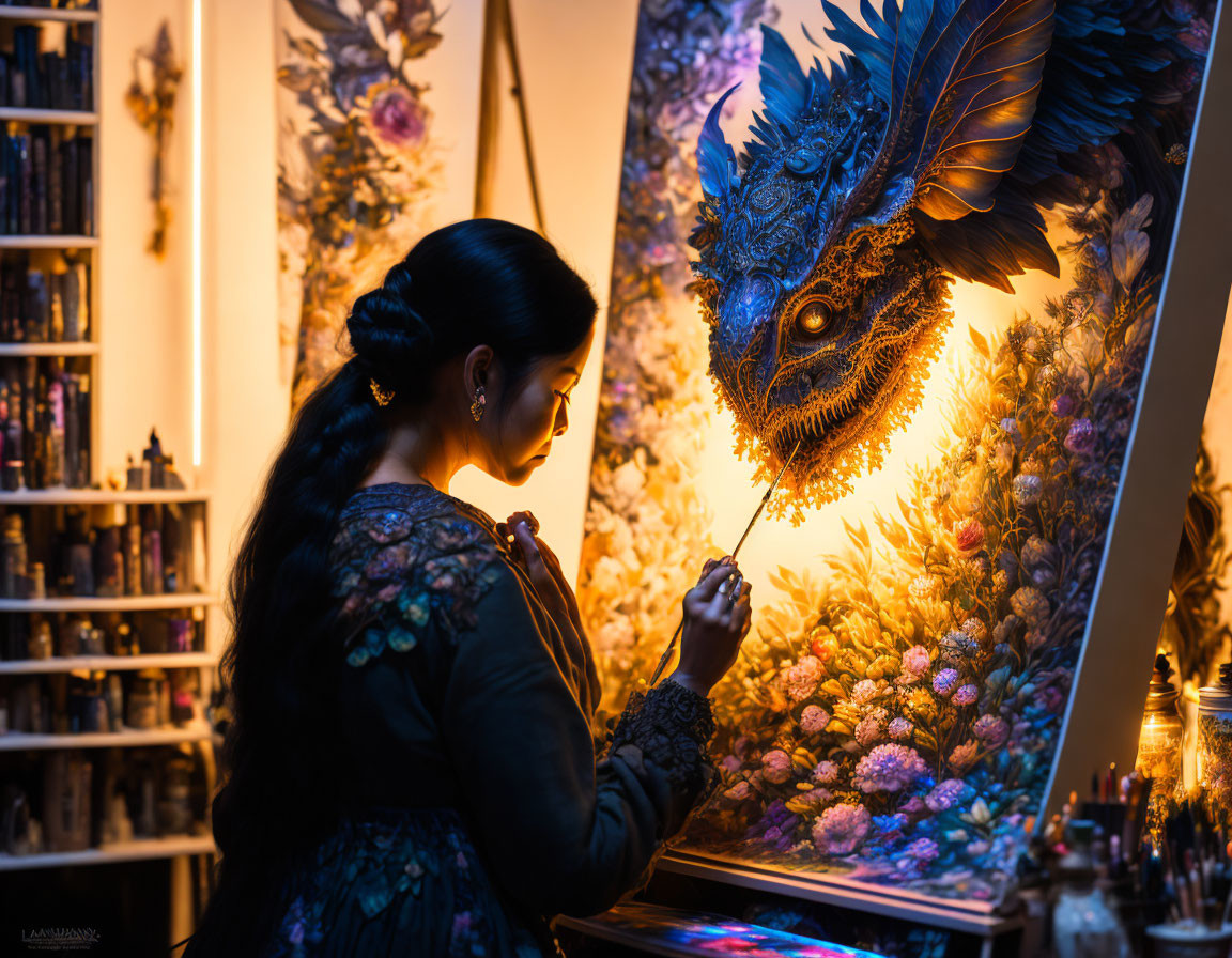 Vibrant blue dragon painting in cozy, floral room