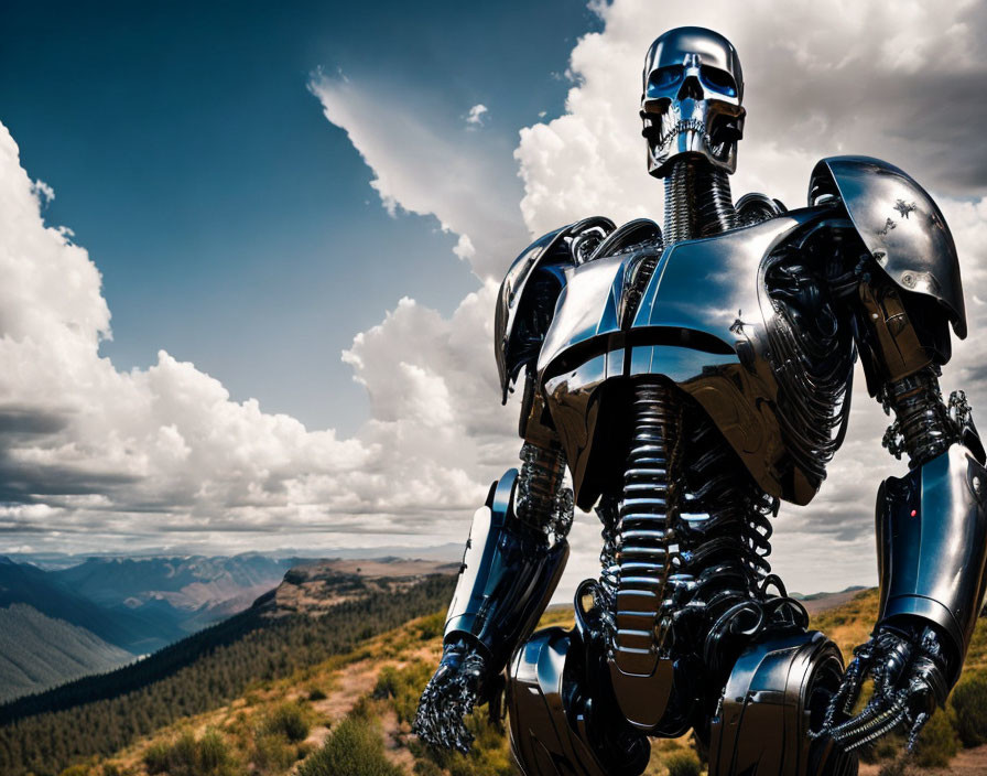 Shiny humanoid robot on grassy hill with mountain view