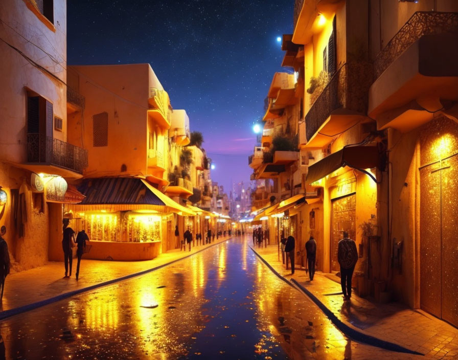 Charming twilight scene of narrow street with glowing lights and cobblestones