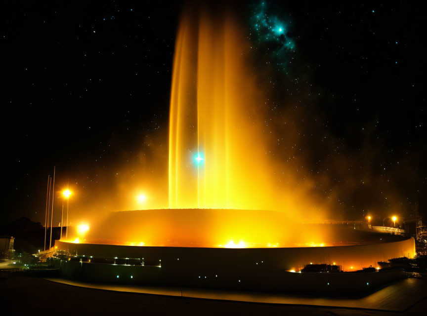 Nighttime Fountain Glowing with Golden Lights and Starry Sky