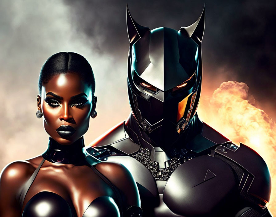 Woman and Black Panther superhero character in fiery backdrop.