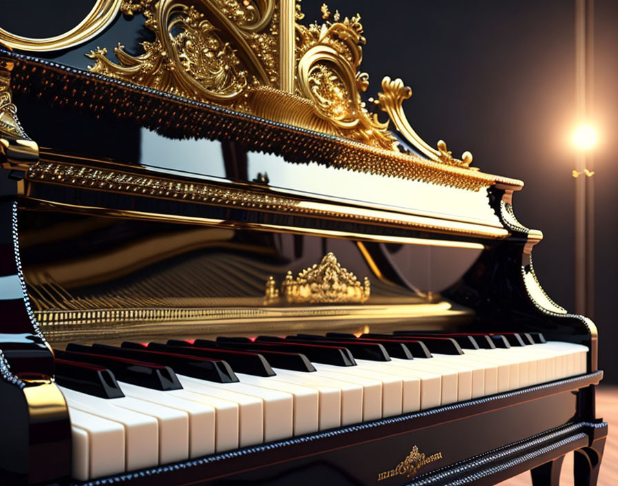 Black Grand Piano with Gold Accents and Polished Surface