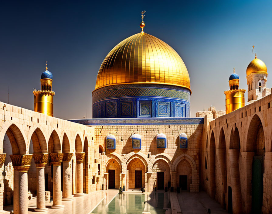 Iconic Golden Dome of the Rock under clear blue sky with arched walkways and minarets