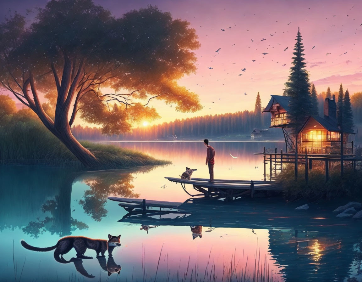 Tranquil lakeside sunset with cozy cabin, dog, and cat in serene nature scene