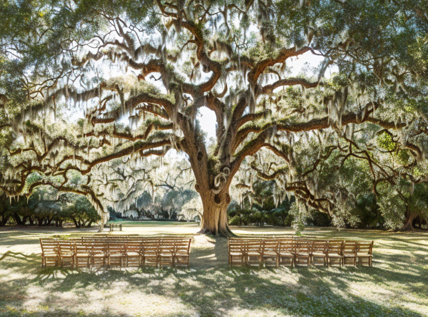 Wooden chairs under mossy tree in serene outdoor setting