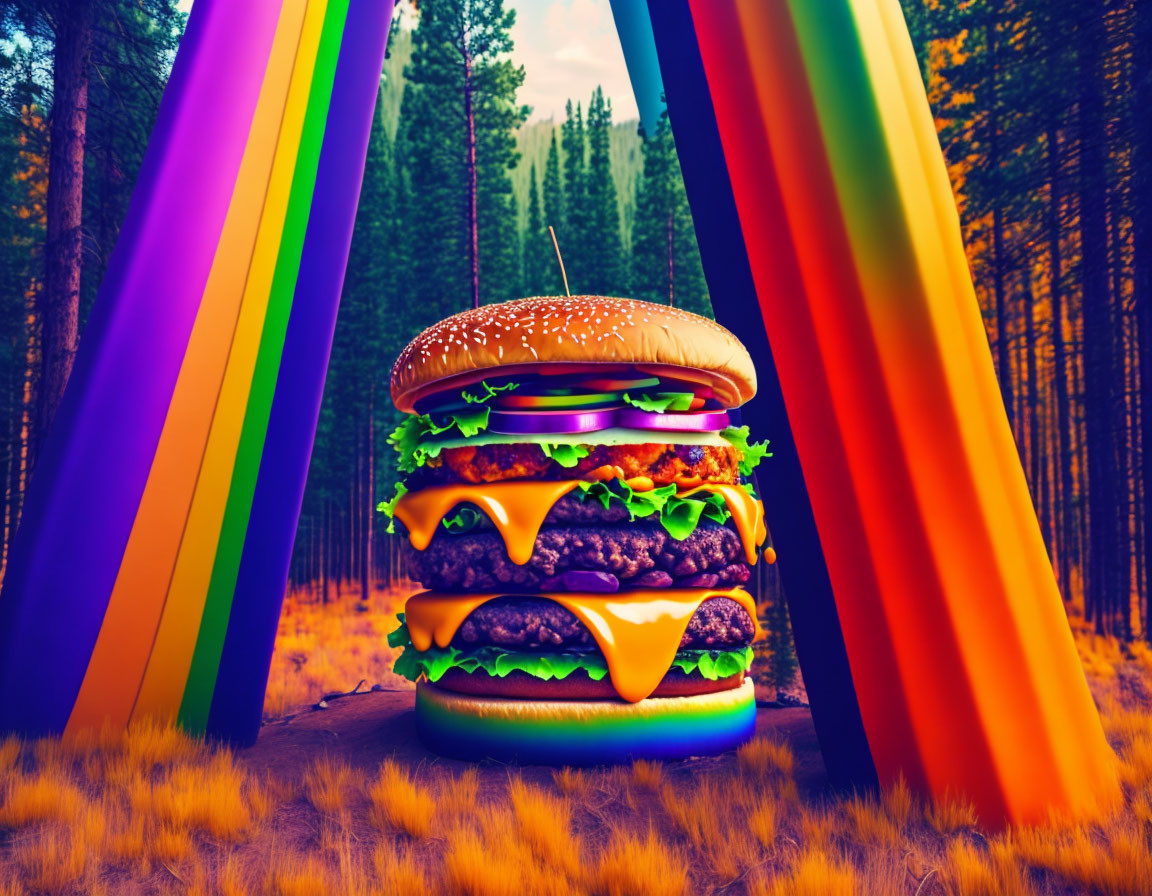 Surreal giant cheeseburger in forest with rainbow streaks