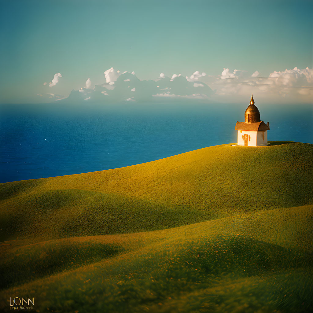 Lonely church on green hill with sea view and misty mountains