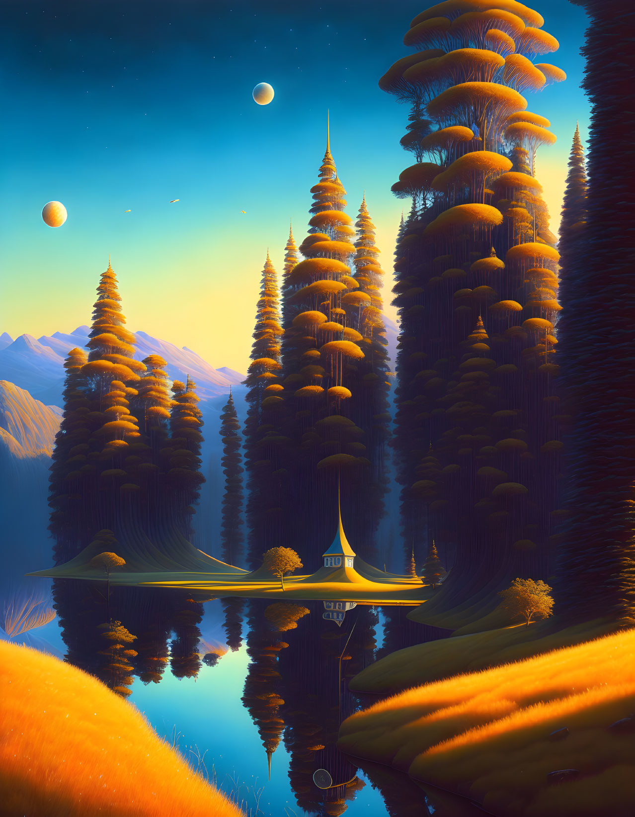 Majestic fantasy landscape with golden trees, castle, planets, and twilight sky