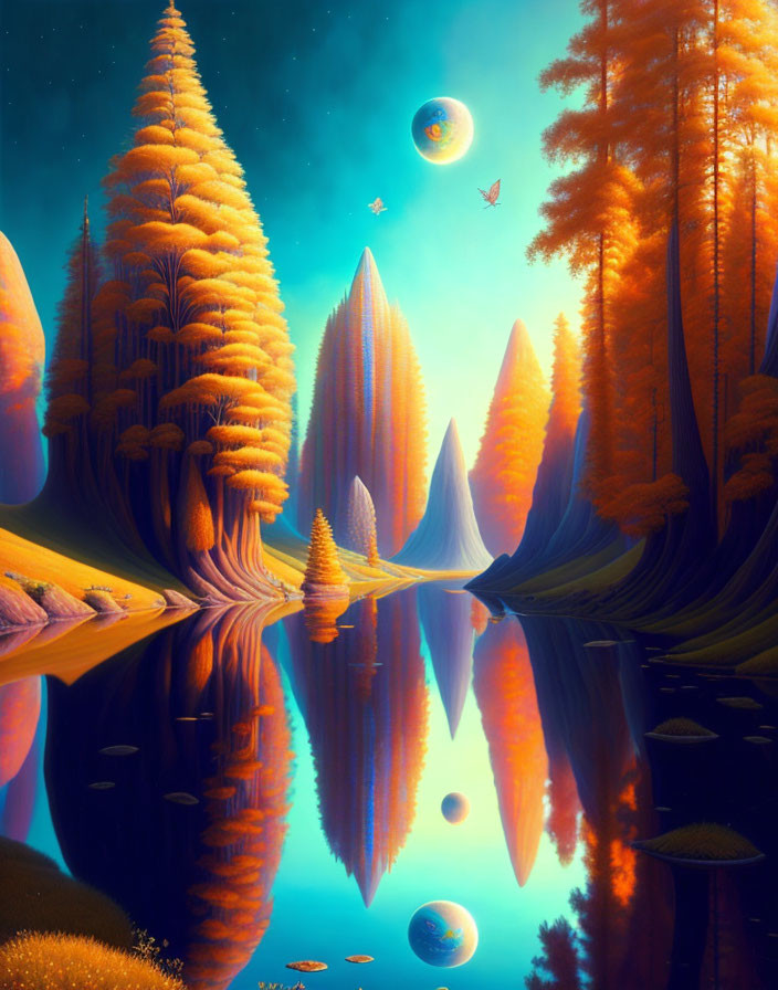 Golden Trees Reflecting in Tranquil Lake Under Multiple Moons