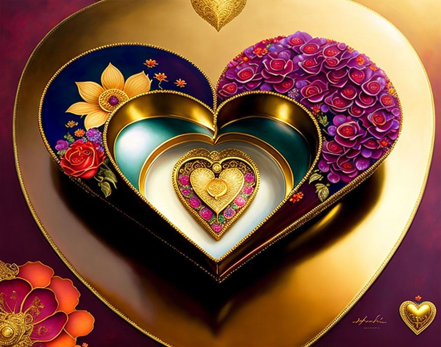 Luxurious digital artwork with nested heart shapes and ornamental designs in gold, purple, and red hues