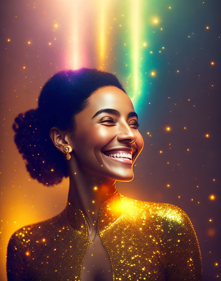 Colorful Light Beams Surround Woman in Sparkling Gold Outfit