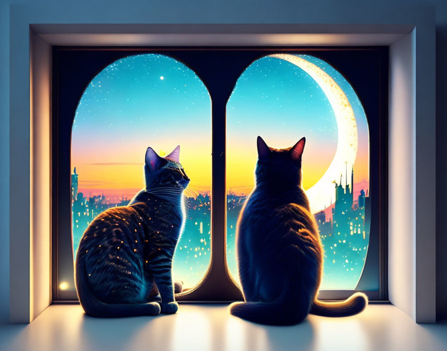 Two cats on windowsill gaze at starry night sky with crescent moon and cityscape.