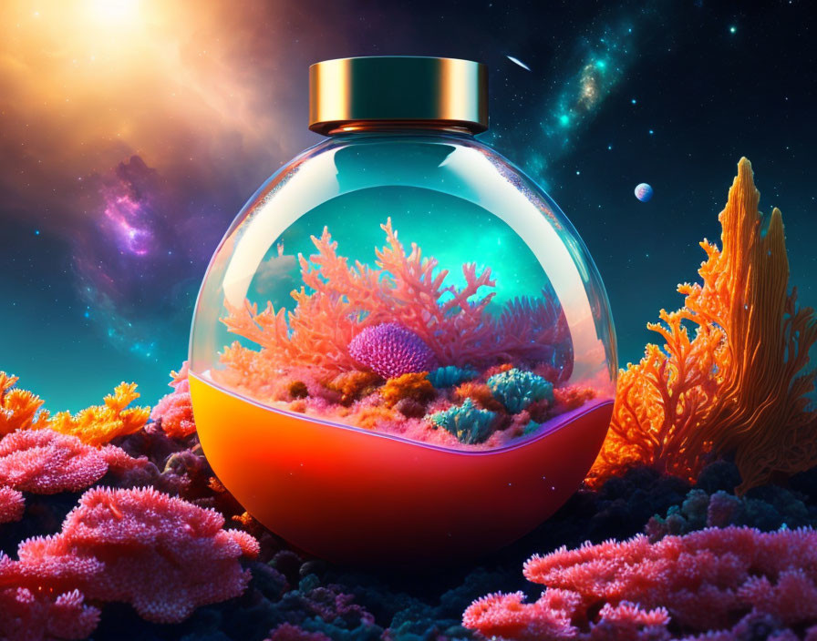 Vibrant surreal aquarium on coral bed under cosmic stars