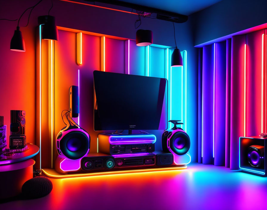 Colorful neon-lit gaming setup with monitor, speakers, and equipment