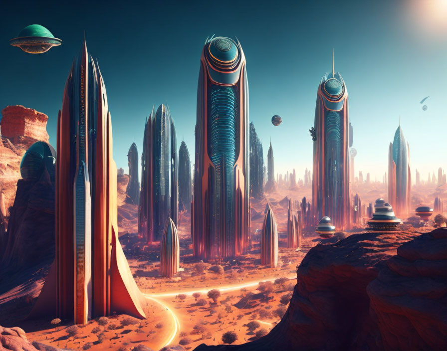 Futuristic cityscape with tall skyscrapers and flying saucers in desert terrain