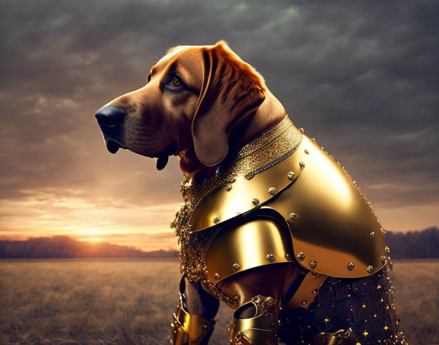 Regal dog in golden armor against sunset backdrop