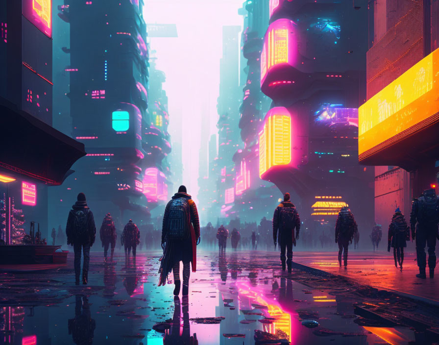 Futuristic cityscape with neon-lit buildings and wet streets