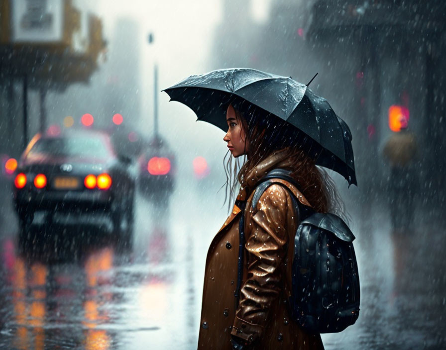 Person with black umbrella standing in rain on city street, gazing into distance.