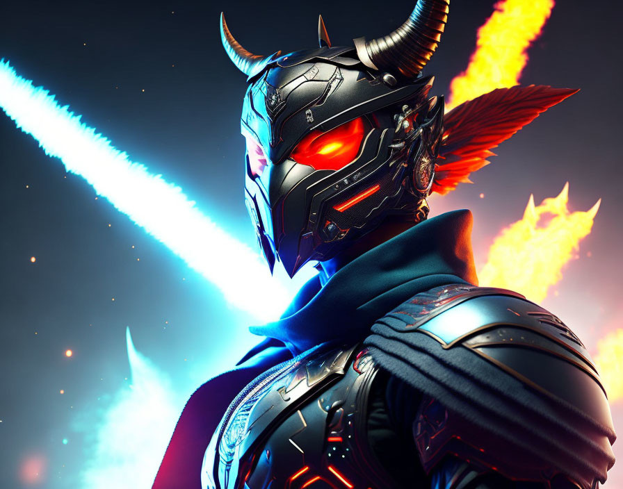 Futuristic knight with horned helmet and red eye in armor and cape against fiery backdrop