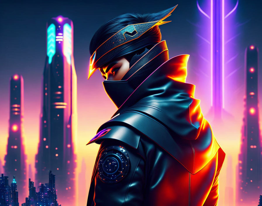 Futuristic warrior with glowing visor in neon-lit cityscape