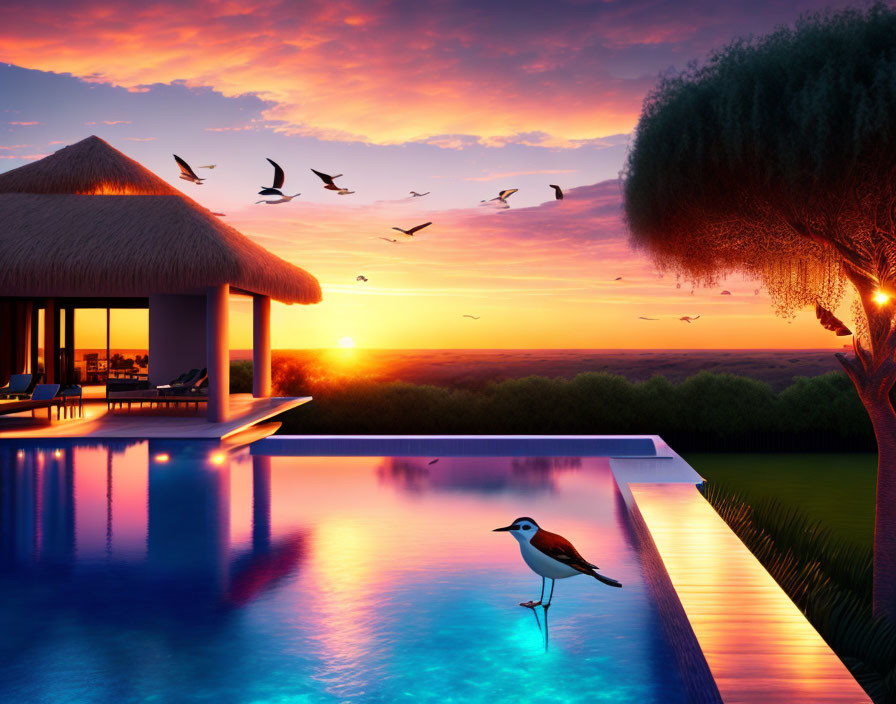 Bird by Infinity Pool at Thatched Villa Sunset with Flying Birds & Majestic Tree