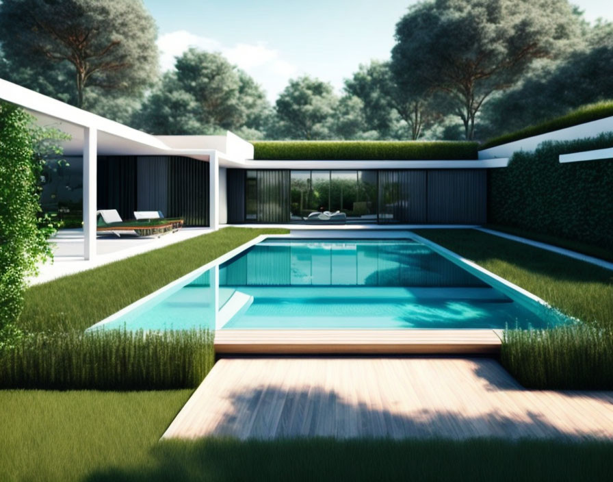 Rectangular Swimming Pool in Modern Backyard with Wooden Deck and White House surrounded by Greenery