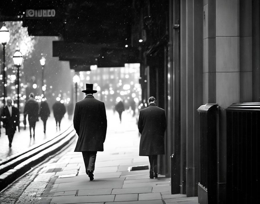 Two people in top hat and urban attire walking in black-and-white city scene