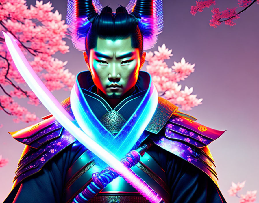 Warrior with neon glow, traditional armor, glowing sword, pink cherry blossoms