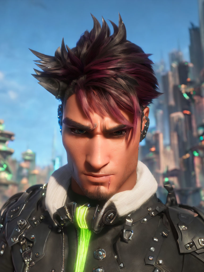 Spiked Hair Male Character in Studded Jacket on Futuristic Cityscape