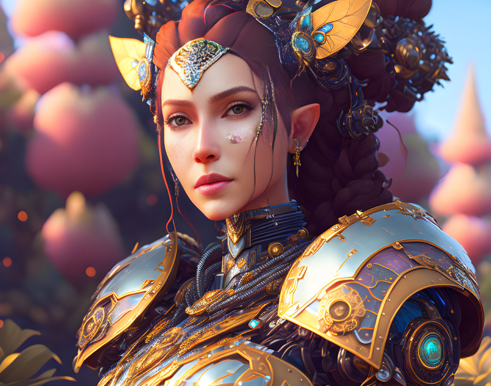 Digital artwork: Woman in elf-like armor against colorful backdrop