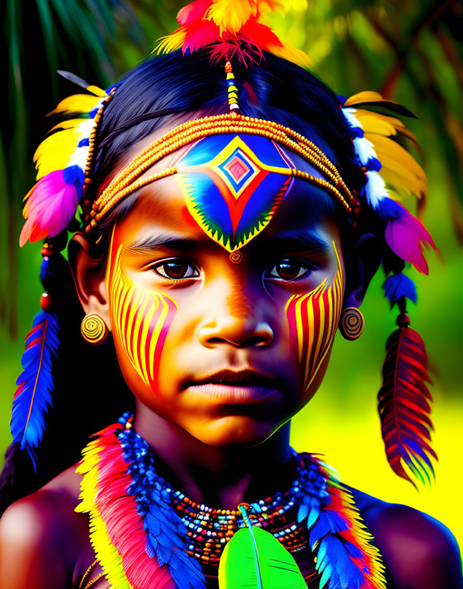 Young child with tribal face paint and feathers in vibrant image