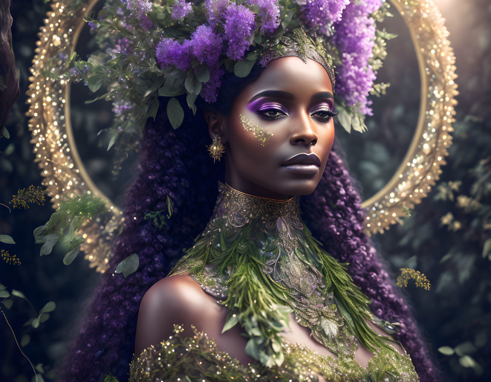 Portrait of Woman with Elaborate Purple Floral Headpiece and Green Foliage Halo