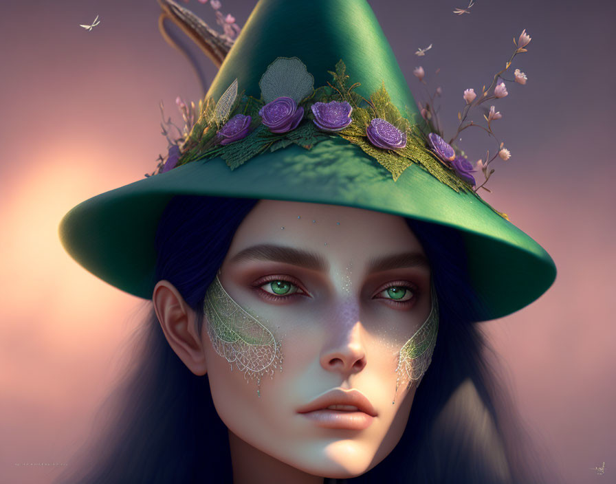 Fantasy character digital art: violet skin, green eyes, floral hat, leaf patterns.