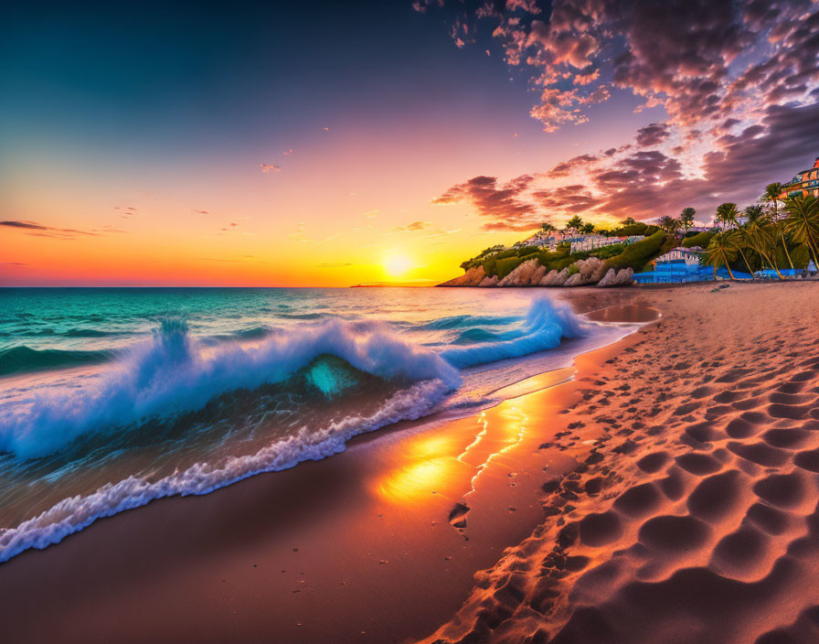 Colorful sunset over beach with foamy waves and footprints