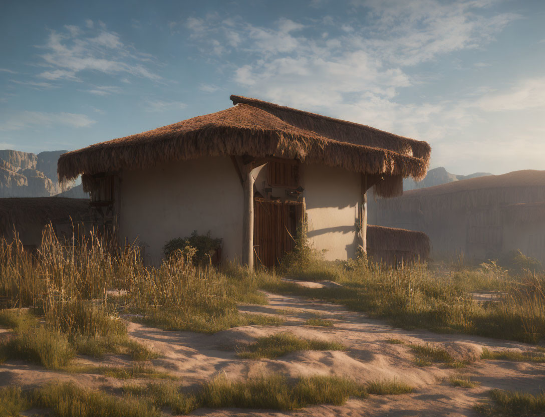 Traditional Thatched-Roof House in Tranquil Rural Landscape