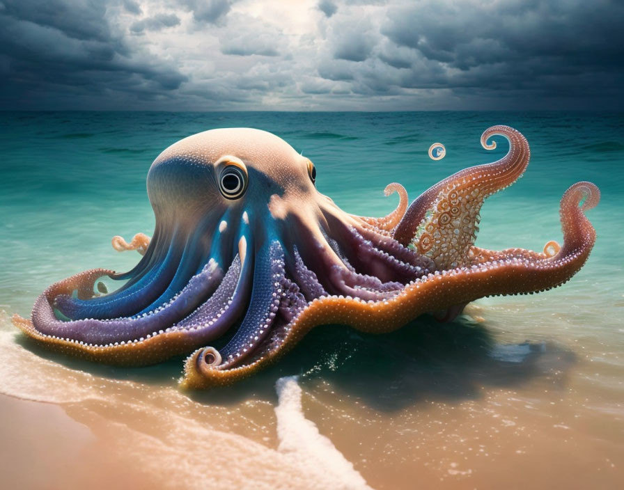 Detailed Octopus Illustration Emerging from Stormy Sea