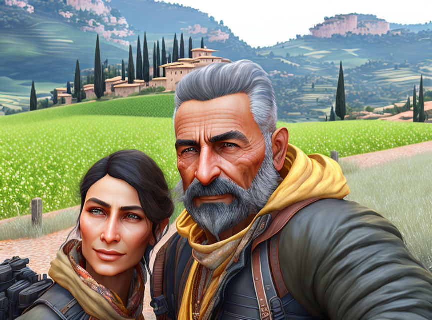 Gray-bearded man and dark-haired woman in front of scenic countryside.