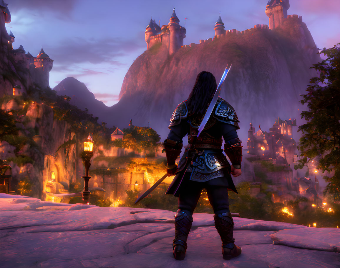 Warrior observing castle on mountain at sunset