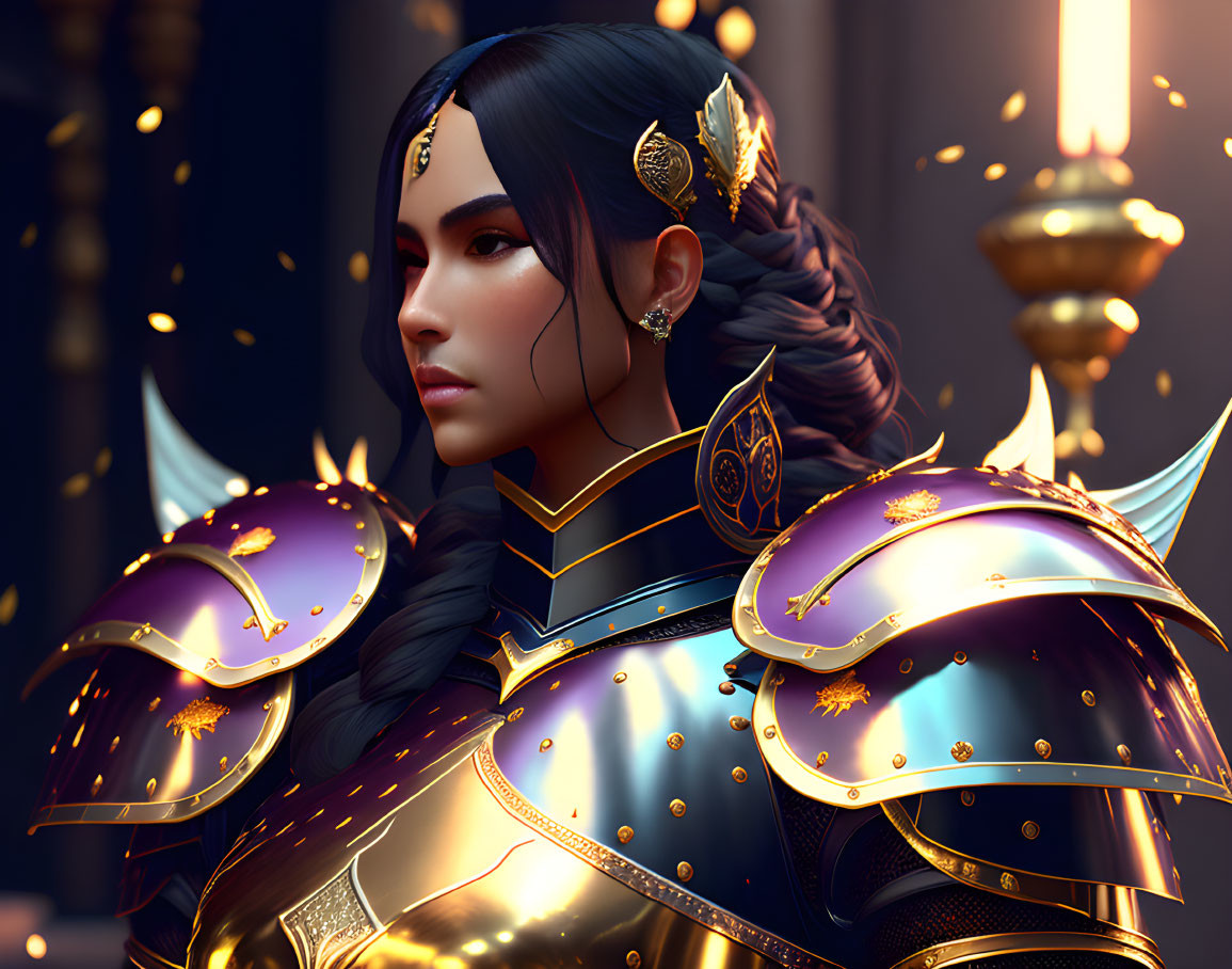 Regal Female Warrior in Golden and Blue Armor under Candlelight