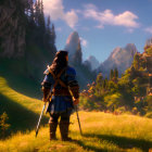 Medieval warrior in armor gazes at castle in sunlit meadow