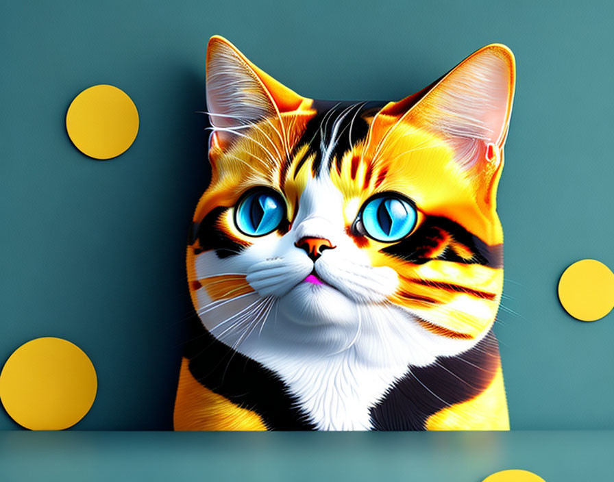 Vibrant digital artwork: Cat with blue eyes and orange-black-striped fur on teal background