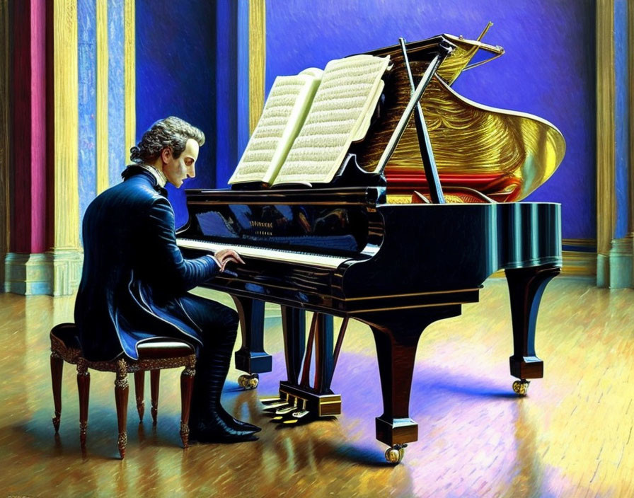 Man in dark suit plays grand piano in blue room with golden accents.