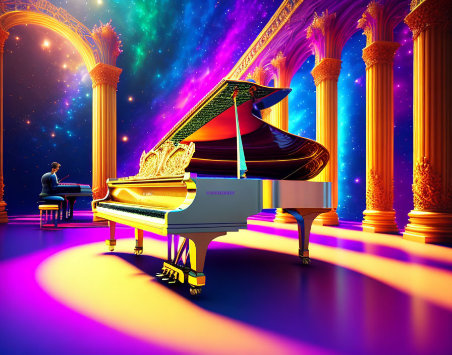 Digital Art: Grand piano in cosmic-themed hall with seated person